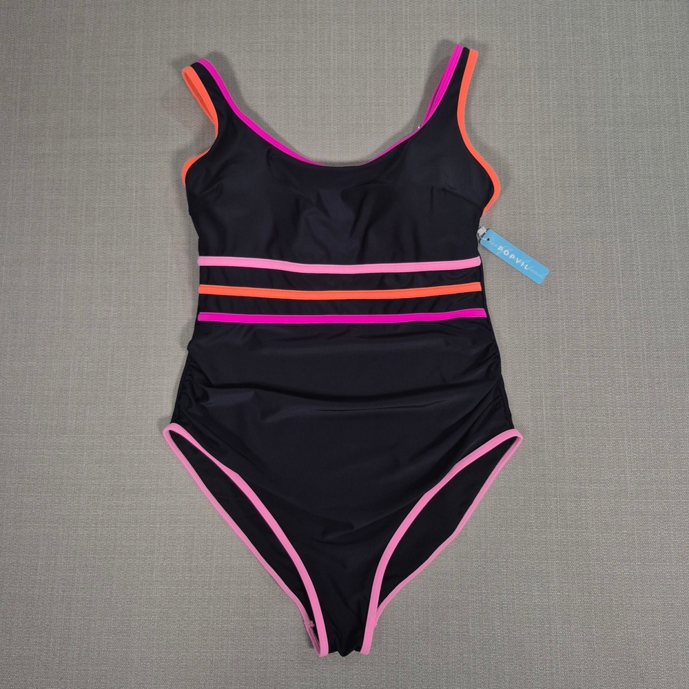 Popvil Womens Black Neon Striped Ruched One Piece Swimsuit NWT Size L